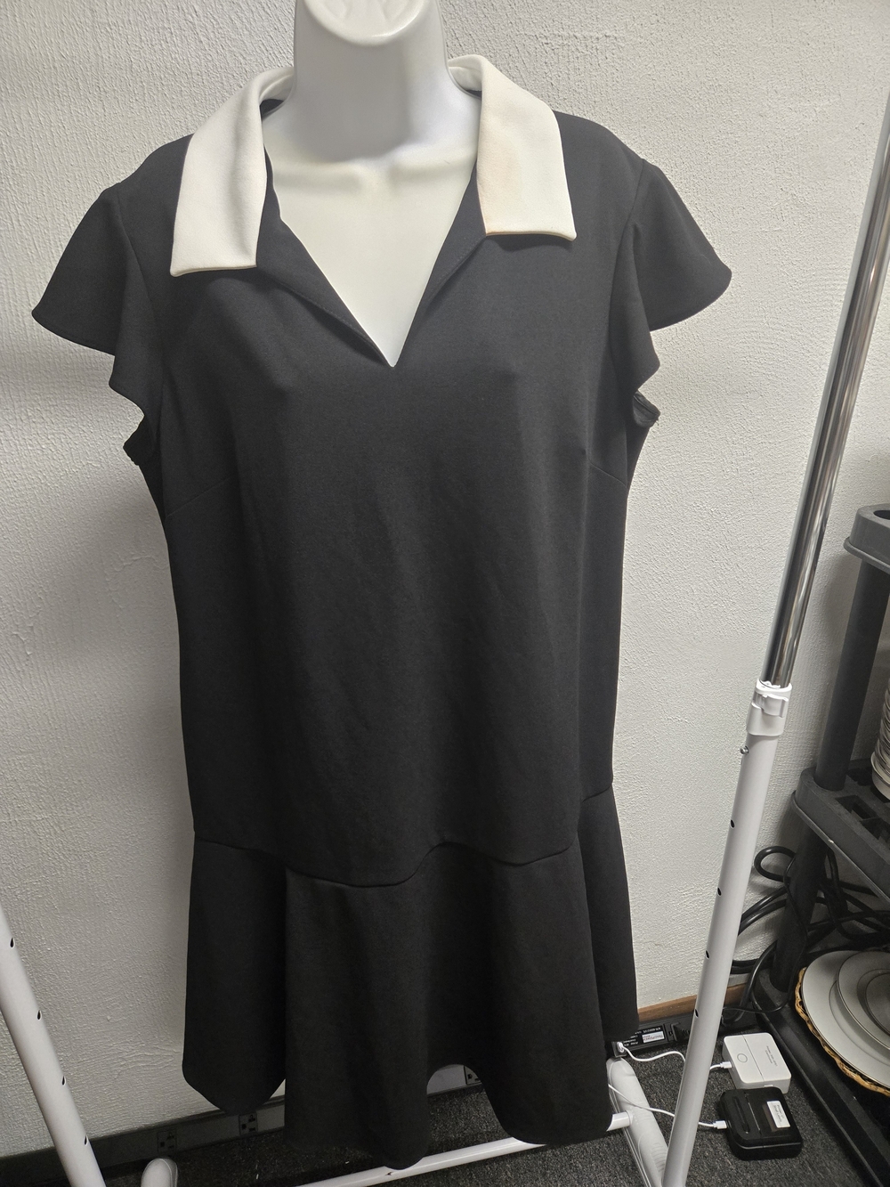 DKNY Black Midi Dress with White Contrast Collar